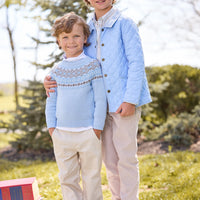 little english classic children's clothing unisex light blue, cream, and brown fair isle sweater, solid white turtleneck, pull on pant in pebble twill, quilted jacket in light blue, button down shirt in winthrop plaid, classic pant in stone corduroy for fall