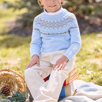 little english classic children's clothing unisex light blue, cream, and brown fair isle sweater, solid white turtleneck, pull on pant in pebble twill for fall