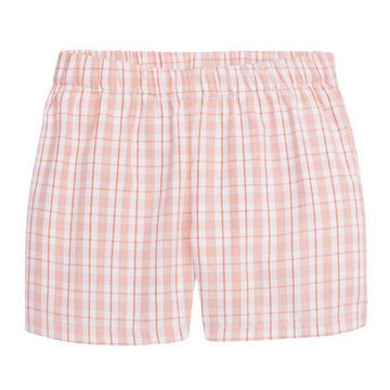 Little English boy's orange plaid elastic waist shorts