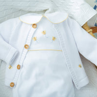 Little English traditional baby clothes, unisex signature white cotton playsuit with peter pan collar, yellow picot trim, and crochet bees for baby boys and girls
