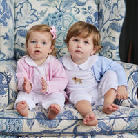 Little English traditional baby clothing, signature light blue crochet sweater with lab for baby boy