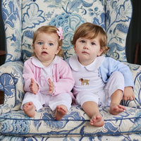 Little English traditional baby clothing, signature light pink crochet sweater with white bow for baby girl