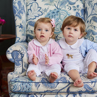 Little English traditional baby clothes, signature white cotton playsuit with peter pan collar, light blue picot trim, and crochet lab for baby boy