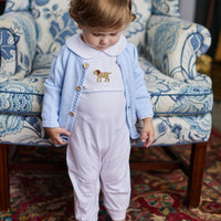 Little English traditional baby clothing, signature light blue crochet sweater with lab for baby boy