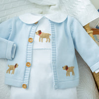 Little English traditional baby clothing, signature light blue crochet sweater with lab for baby boy