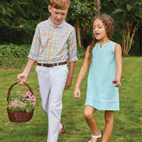 little english boy's white twill pants and button down shirt in derby plaid