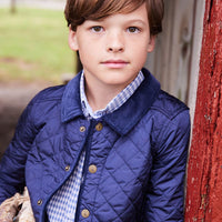Little English classic tween boys button down shirt in gray blue gingham pattern