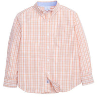 classic childrens clothing boys button down collared shirt with orange and white striped plaid