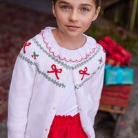 Little English traditional girl's clothing, classic holiday cardigan for fall, red holiday bow fair isle sweater