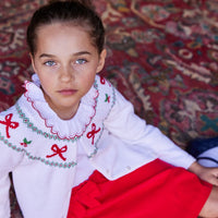 Little English traditional girl's clothing, classic holiday cardigan for fall, red holiday bow fair isle sweater