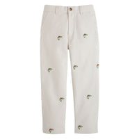 classic childrens clothing boys pant in khaki with embroidered trout pattern