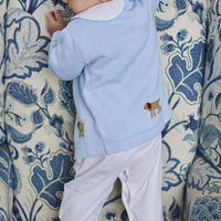 Little English traditional baby clothing, signature light blue crochet sweater with lab for baby boy
