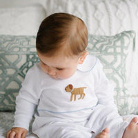 Little English traditional baby clothes, signature white cotton playsuit with peter pan collar, light blue picot trim, and crochet lab for baby boy