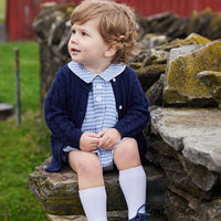 classic childrens clothing boys bubble in gray blue gingham with button tabs collar and white piping