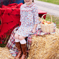 classic girls clothing girls flowy long sleeve dress with peter pan collar and red piping detailing
