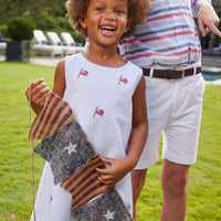 Traditional Little English boy's mandarin collar button up in patriotic stripe