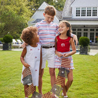 Traditional Little English boy's mandarin collar button up in patriotic stripe