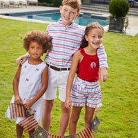 Traditional Little English boy's mandarin collar button up in patriotic stripe