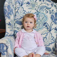 Little English traditional baby clothing, signature crochet playsuit with pink bow for baby girl