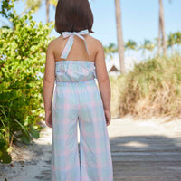 classic childrens clothing girls halter jumpsuit with flare legs in pink and blue plaid