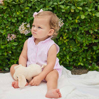 Little English classic children's clothing, girls bubble with ruffle collar in light pink and white stripes