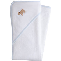 Little English white terry cloth baby towel, hooded towel with embroidered lab and light blue trim