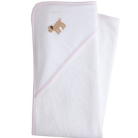Little English white terry cloth baby towel, hooded towel with embroidered lab and light pink trim