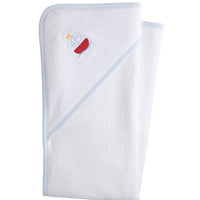 Little English white terry cloth baby towel, hooded towel with embroidered red sailboat and light blue trim