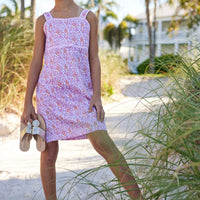 classic childrens clothing girls strappy pink and orange floral dress with pink piping and skinny bow