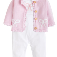 Little English traditional baby clothing, signature light pink crochet sweater with white bow for baby girl