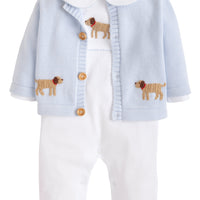 Little English traditional baby clothing, signature light blue crochet sweater with lab for baby boy