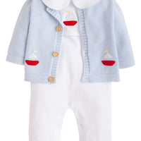 Little English traditional baby clothing, signature light blue crochet cardigan with red sailboat for baby boys