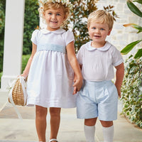 Classic Little English Boy's Formal Short Set with White Shirt and Light Blue Shorts