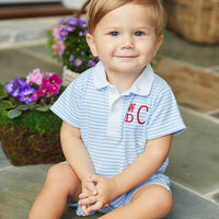 Traditional Little English little boy's peter pan romper with blue stripes