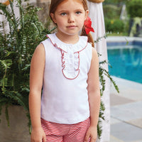 little english girl's classic white ruffled henley in white with red ruffles and red and white striped tulip shorts