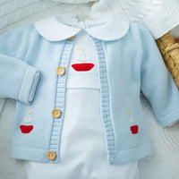Little English traditional baby clothing, signature crochet sweater with sailboat for baby boy