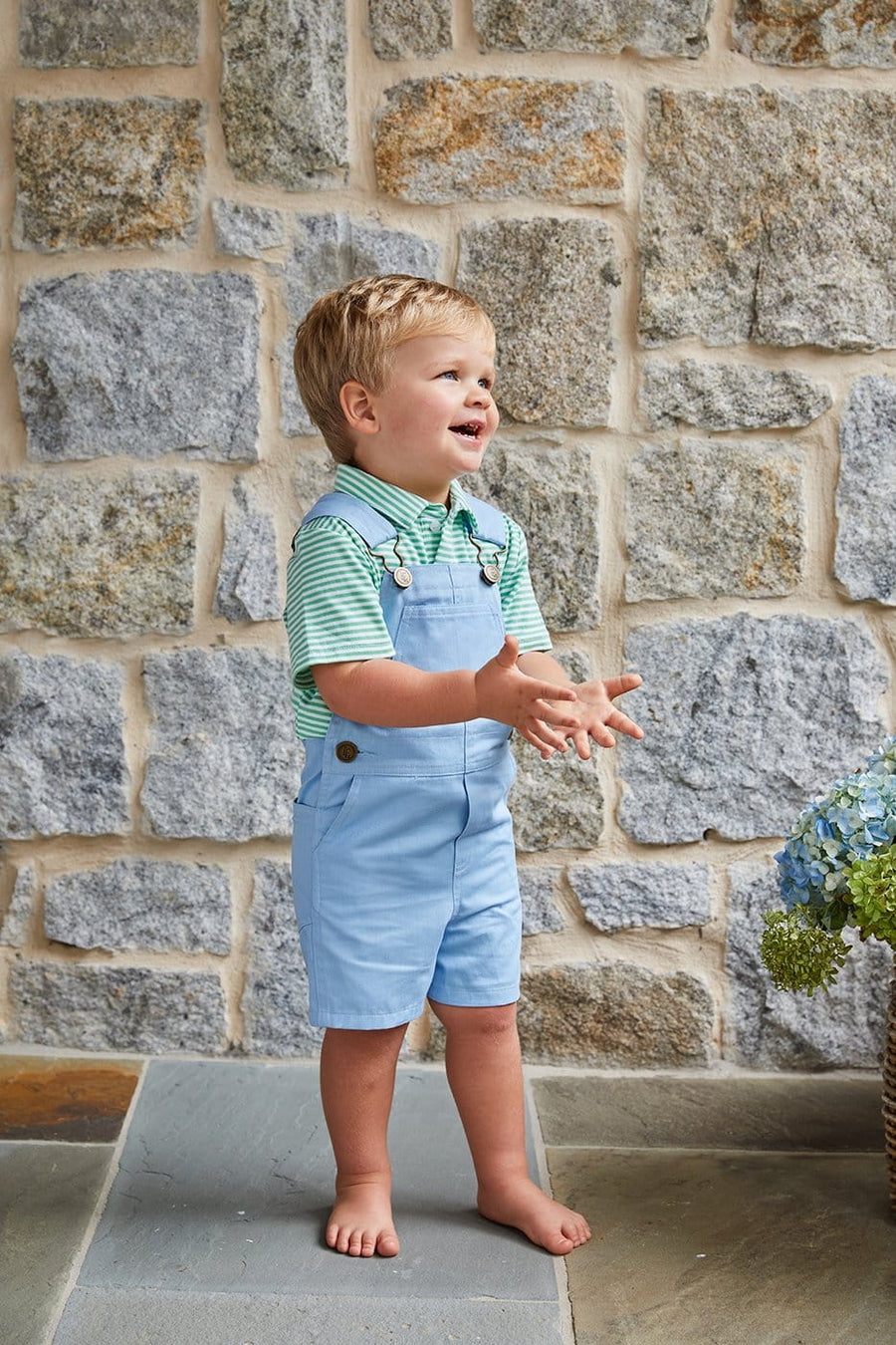 Little English classic short overall, children's spring outfit in light blue