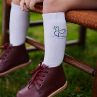 Little English classic childrens clothing boys white knee high socks with embroidered mallard ducks