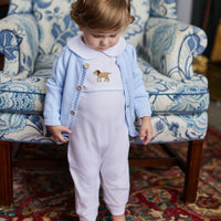 Little English traditional baby clothes, signature white cotton playsuit with peter pan collar, light blue picot trim, and crochet lab for baby boy