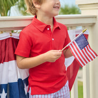Little English traditional children's clothing.  Classic boys red and blue Patriotic Plaid shorts for 4th of July
