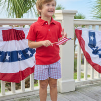 Little English traditional children's clothing.  Classic boys red and blue Patriotic Plaid shorts for 4th of July