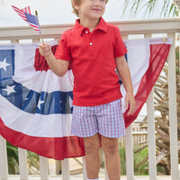 Little English traditional children's clothing.  Classic boys red and blue Patriotic Plaid shorts for 4th of July