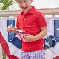 Little English traditional children's clothing.  Classic boys red and blue Patriotic Plaid shorts for 4th of July