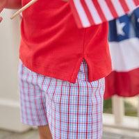 Little English traditional children's clothing.  Classic boys red and blue Patriotic Plaid shorts for 4th of July