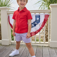 Little English traditional children's clothing.  Classic boys red and blue Patriotic Plaid shorts for 4th of July