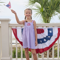 Little English traditional children's clothing.  Patriotic red and blue plaid dress for little girls.  Fourth of July outfit for little girls