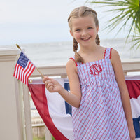 Little English traditional children's clothing.  Patriotic red and blue plaid dress for little girls.  Fourth of July outfit for little girls
