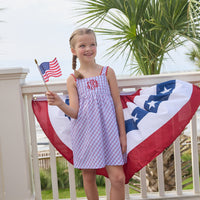Little English traditional children's clothing.  Patriotic red and blue plaid dress for little girls.  Fourth of July outfit for little girls