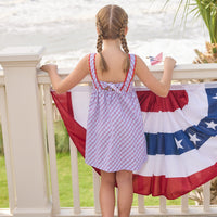 Little English traditional children's clothing.  Patriotic red and blue plaid dress for little girls.  Fourth of July outfit for little girls