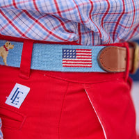 Little English traditional children's clothing.  Smathers and Branson Needlepoint belt for boys.  Light Blue needlepoint belt for 4th of July for kids